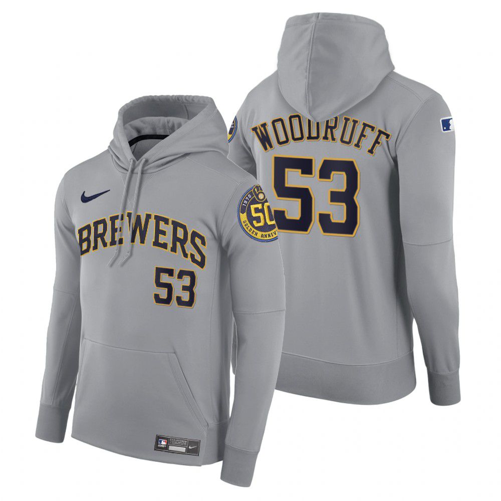 Men Milwaukee Brewers #53 Woodruff gray road hoodie 2021 MLB Nike Jerseys